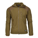 Blochl Brand military style hooded thermal fleece jacket in coyote color with reinforced shoulders and multiple zip pockets