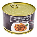 Emergency ration canned Hungarian beef goulash 400g with noodles, long shelf life, high-energy survival food made in Germany.