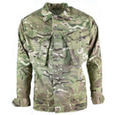 Genuine British Army combat field jacket in MTP camouflage with buttoned cuffs and chest pockets, lightweight polycotton blend.