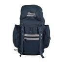 Navy blue Royal Air Force backpack with embroidered logo, durable canvas, side pockets, and front buckle straps.