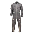 Vintage Dutch Air Force pilot jumpsuit in worn gray military surplus with multiple pockets and front zipper closure