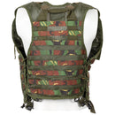 Dutch Military Tactical vest with 7 modular MOLLE pouches in woodland DMP camouflage, breathable mesh design.
