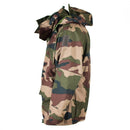 Side view of genuine French army waterproof trilaminate camo jacket with hood and patch attachment plate