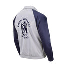 Back view of grey and navy Lycée Militaire Autun sports jacket with elastic cuffs and school emblem printed on back