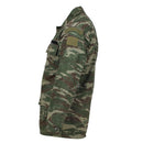 Side view of genuine Greek military jacket in durable lizard camo ripstop fabric with reinforced elbow patches