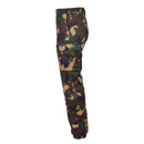 Side view of genuine Hungarian military M1990 woodland camo field pants with reinforced knees and cargo pockets.