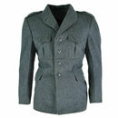 Genuine Swiss army surplus grey wool jacket with epaulets, chest and side pockets, pleated back, military uniform style