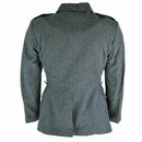Back view of a genuine Swiss army surplus wool jacket in grey with epaulets and pleated back design
