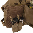 Close-up of Helikon-tex Guardian chest rig vest with Cordura nylon, mesh pocket, and magazine holders in tan color.