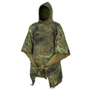 Camouflage hooded poncho with adjustable straps for lightweight rain protection and outdoor use.