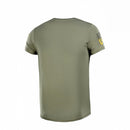 Back view of olive green M-TAC military style classic short sleeve t-shirt with Ukrainian flag emblem on sleeve