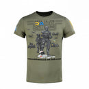 Olive military-style short sleeve t-shirt with Ukrainian flag and dark tactical soldier graphic design.