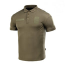 Olive green M-TAC military style tactical polo shirt with breathable, lightweight fabric and hook-and-loop patches.