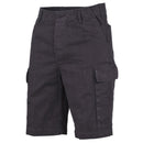 Black German military-style Bermuda shorts made from sturdy ripstop cotton with cargo pockets and belt loops.