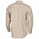 Back view of MFH Brand khaki tactical military-style lightweight ripstop shirt with reinforced stitching and long sleeves