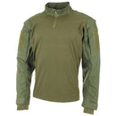Olive green MFH Brand U.S. Military style tactical combat shirt with reinforced elbows and zippered collar
