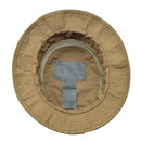 Top view of tan military tactical boonie hat with mesh lining and adjustable cord stopper inside brim