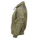 Olive green MIL-TEC army style fleece jacket with reinforced shoulders and elbows, designed for cold weather outdoor use.