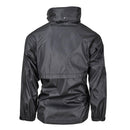 Back view of black Mil-Tec men's rain jacket with waterproof, breathable 3-layer construction and elastic cuffs