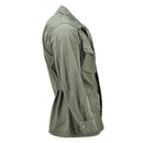 Side view of Mil-Tec U.S. Military style olive drab M64 Vietnam jungle jacket with button closures and multiple pockets