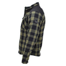 Side view of MIL-TEC German Military lumberjack jacket in black and olive plaid checkered pattern