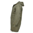 Side view of olive green MIL-TEC M51 hooded parka with quilted detachable liner, military style outerwear.