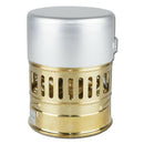 Compact brass Optimus Svea liquid fuel camp stove with silver pot lid for outdoor cooking and camping use
