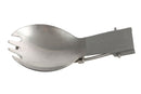 Folded titanium spork combining fork and spoon, ultra lightweight and compact for hiking and camping use.
