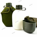 Original Norwegian military water flask with olive pouch and plastic cup for outdoor hydration use