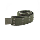 Original Austrian military combat belt in olive drab canvas with Alice webbing attachment and metal buckle.