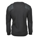 Back view of original dark green Belgian military wool sweater with shoulder and elbow reinforcements