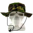 Authentic British Army boonie cap in woodland camo with chin strap and wide brim for sun protection and comfort