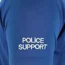 Close-up of blue breathable police support t-shirt sleeve with white embroidered text on fabric texture