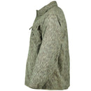 Side view of original Czech army M60 field jacket in raindrop camouflage with buttoned chest pocket and rugged fabric.