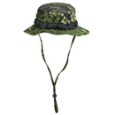 Original Danish Military M84 camouflage boonie hat with wide brim, adjustable chin strap, ideal for outdoor and tactical use.