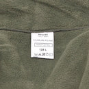 Close-up of olive green fleece fabric with care label showing size 128L and washing instructions on French military jacket