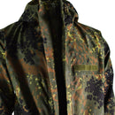 Original German army field jacket in flecktarn camo with GoreTex waterproof, windproof hooded design and adjustable sleeves.