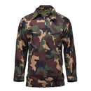 Hungarian military M1990 jacket in four-color woodland camouflage with zip front and multiple storage pockets.