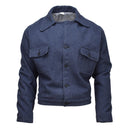 Original Italian army vintage Ike-style blue wool jacket with buttoned pockets and tailored fit uniform design