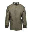Original Italian military olive green rain jacket with zip front, ribbed cuffs, and high collar, designed for durability.
