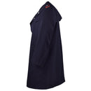 Side view of a vintage original Italian Military Police long blue trench coat with liner and silver buttons