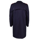 Back view of original Italian Military Police long trench coat in navy blue with red shoulder accents.