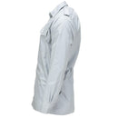 Side view of original Swedish Army bluish-gray military shirt with epaulets and buttoned chest pockets