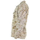 Side view of US Army BDU digital desert camo shirt with chest pockets and reinforced elbows, military issue design.