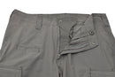 Close-up of grey Pentagon BDU 2.0 Tropic Pants showing zipper, button fly, and multiple pockets.