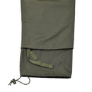 Close-up of olive ripstop TACGEAR military cargo pants hem with adjustable drawstring and reinforced stitching details