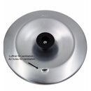 Lid of Trangia 0.9L aluminum mess kit kettle showing black handle and air holes for ventilation.