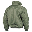 Back view of olive green U.S. Army style bomber flight jacket with elastic cuffs and windproof design