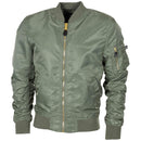 Olive green U.S. military style MA1 bomber jacket with windproof fabric, elastic cuffs, and full metal zipper closure