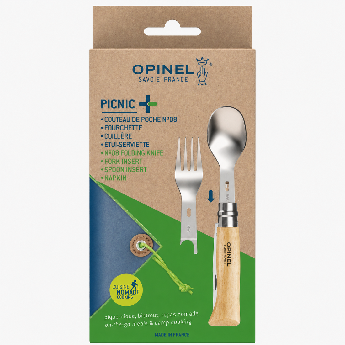 Opinel Picnic+ N°08 Cutlery Set Folding Knife Spoon Fork Camping Beech